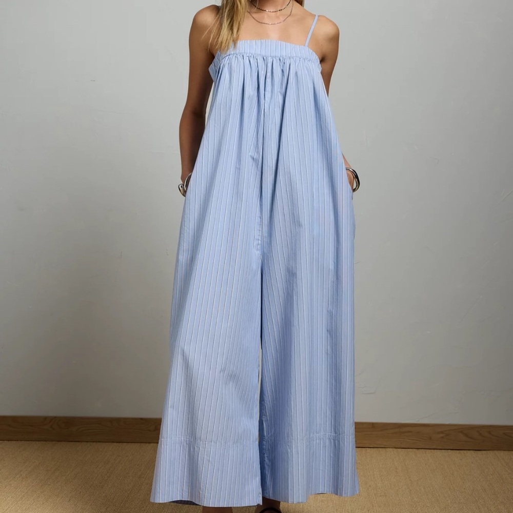 American Eagle AE77 Blue Striped Wide Leg Poplin Romper Jumpsuit